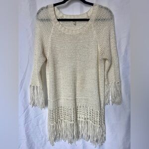 Entro Cream Knit Sweater with Fringe Accents